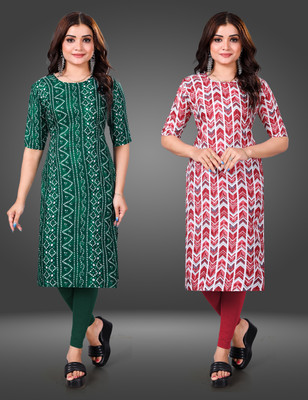 MOBHISA Women Printed Straight Kurta(Red)