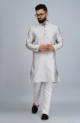 ELEPANTS Men Self Design Straight Kurta(Silver)