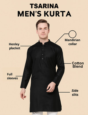 Tsarina Men Solid Straight Kurta(Black)