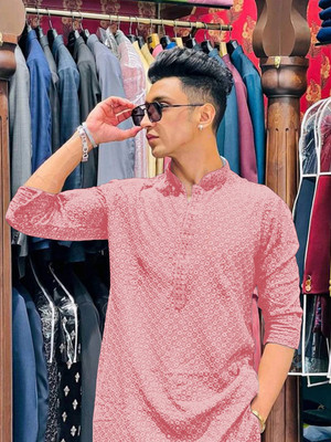 romj Men Chikan Embroidery Straight Kurta(Pink)