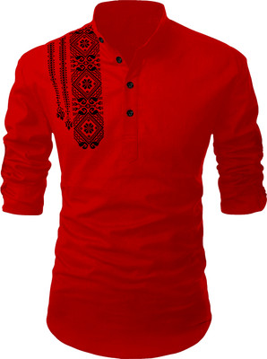 hfm Men Printed Straight Kurta(Red)