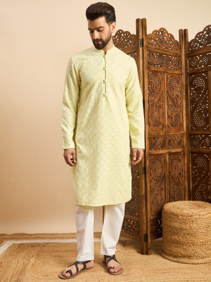 House of Pataudi Men Embroidered Straight Kurta(Yellow)