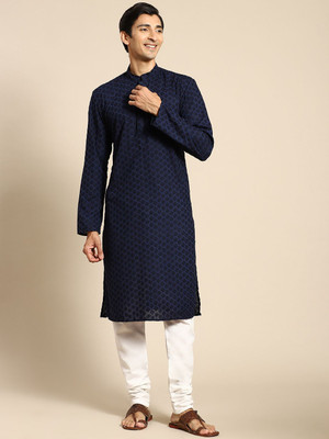 Rajubhai Hargovindas Men Embroidered Straight Kurta(Dark Blue)