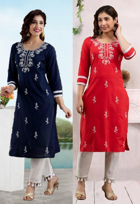 vikshi Women Chikan Embroidery A-line Kurta(Multicolor)