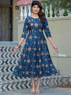 HERE&NOW Women Embroidered Flared Kurta(Dark Blue)