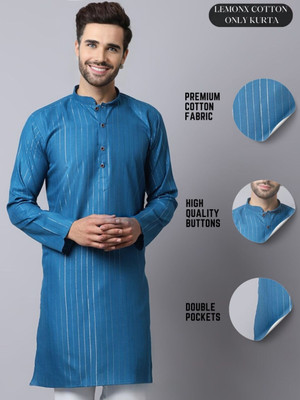 LEMONX Men Striped Straight Kurta(Blue)