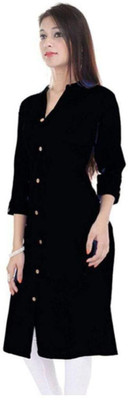 HouseOfCommon Women Solid Straight Kurta(Black)