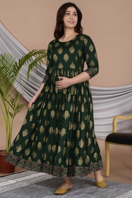 Gujari Women Floral Print Anarkali Kurta(Dark Green)