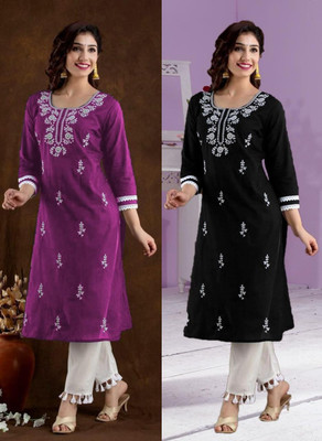 vikshi Women Chikan Embroidery A-line Kurta(Multicolor)