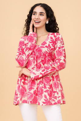 CLANGER Women Printed Flared Kurta(Pink)
