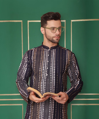Jompers Men Embroidered Straight Kurta(Blue)