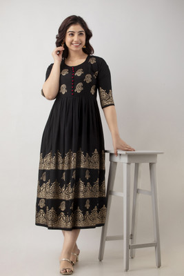 Sakshi Designer Women Printed Anarkali Kurta(Black, Beige)