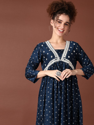 V-MART Women Printed A-line Kurta(Blue)