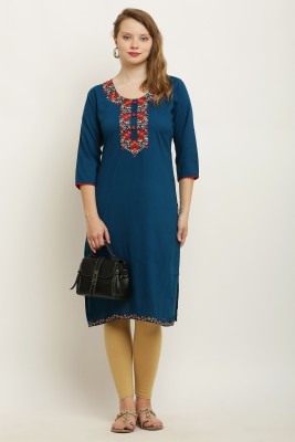 THELIFEFASHION Women Embroidered Straight Kurta(Blue)