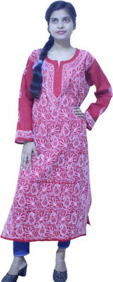 shubhparidhaan Women Chikan Embroidery Ethnic Dress Kurta(Red)