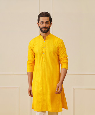 Jompers Men Embroidered Straight Kurta(Yellow)