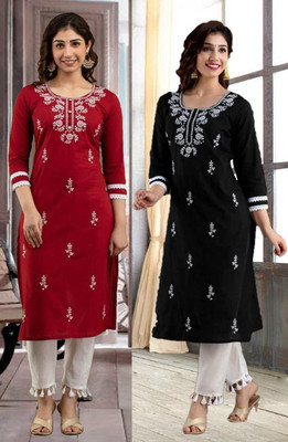 SISTO Women Chikan Embroidery Straight Kurta(Black, Red)