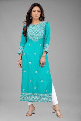 fantasy fab Women Embroidered Straight Kurta(Light Blue)