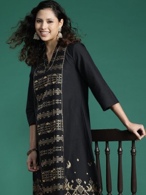 Sangria Women Printed A-line Kurta(Black)