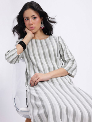 Anouk Rustic Women Striped Straight Kurta(White, Grey)