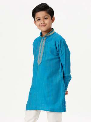 Ramraj Cotton Boys Self Design Straight Kurta(Light Blue, Gold)
