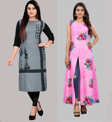 maruti fab Women Printed, Striped Straight Kurta(Pink)