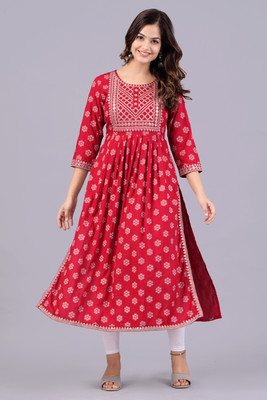 NEW4U Women Embroidered Trail Cut Kurta(Red)