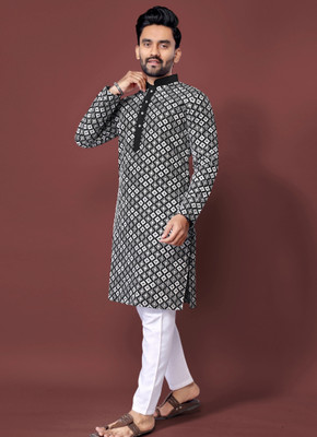 FOXDX Men Embellished, Printed Straight Kurta(Black)