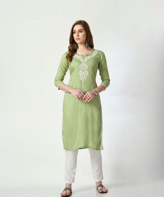 Rudraaksha Chikankari Women Embroidered Straight Kurta(Light Green)