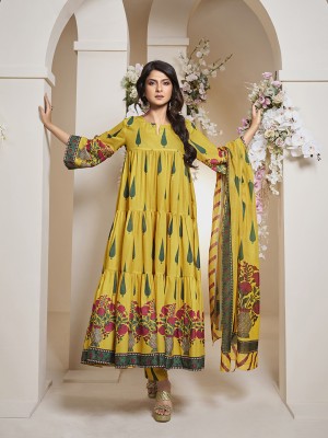 Bhama COUTURE Women Printed Anarkali Kurta(Yellow)