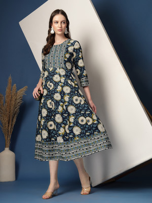 AHMI Women Printed A-line Kurta(Blue)