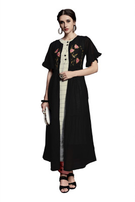 HERE&NOW Women Floral Print Flared Kurta(Black)