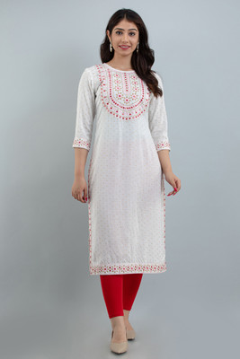 STYLE ANGEL Women Embroidered Straight Kurta(White, Red, Gold)