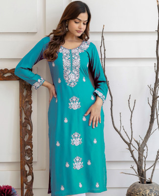 PETOPIAN Women Embroidered Straight Kurta(Blue)