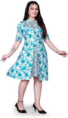 Zintargo Women Floral Print A-line Kurta(Blue)