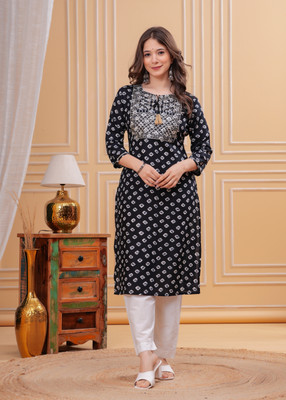 Deepyog Women Printed Straight Kurta(Black)