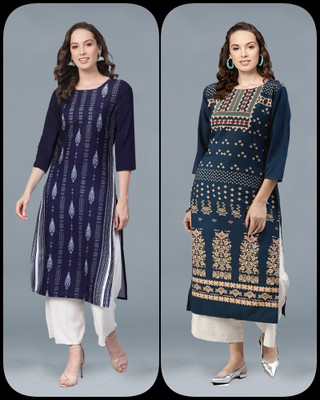 glamson Women Printed A-line Kurta(Blue)