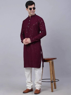 DHASU TRENDZ Men Embellished, Chikan Embroidery Straight Kurta(Purple)