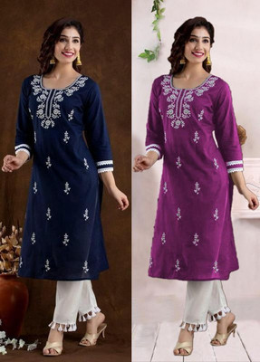 vikshi Women Chikan Embroidery Straight Kurta(Multicolor)
