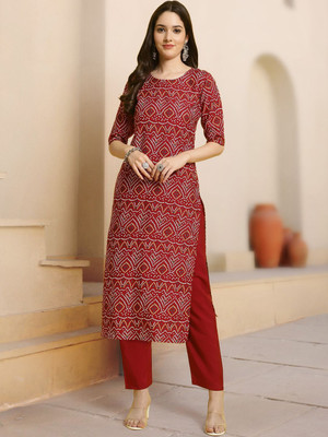HERE&NOW Women Printed Straight Kurta(Maroon)