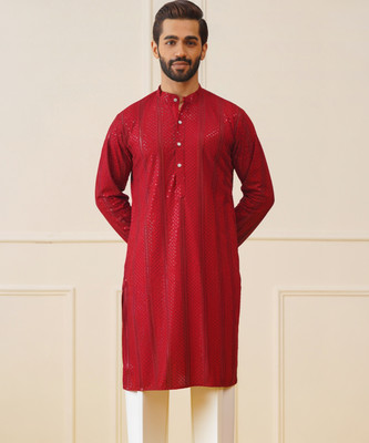 Jompers Men Embroidered Straight Kurta(Maroon)