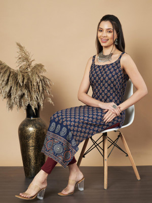 VBUYZ Women Floral Print Straight Kurta(Blue)