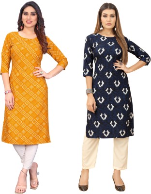 Gitanjali Trend Women Printed Straight Kurta(Dark Blue, Yellow, White)