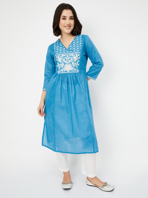 MAX Women Printed Straight Kurta(Blue)