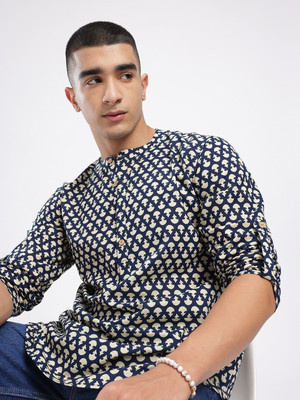 Anouk Rustic Men Floral Print Straight Kurta(Blue)
