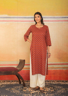 Label Adrija Women Printed A-line Kurta(Red)