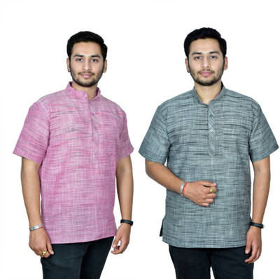 isdfabric Men Self Design Straight Kurta(Pink, Grey)