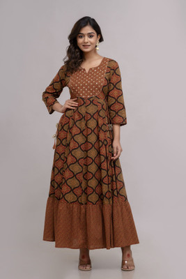 jaipurite Women Printed Anarkali Kurta(Brown)