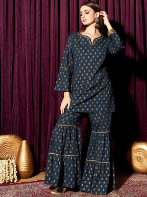INDO STREET Women Printed Flared Kurta(Blue)