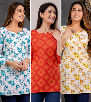 WULAMIA Women Printed A-line Kurta(Blue, Red, Yellow)